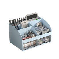 化妆品文具桌面收纳盒抽屉学生书桌笔筒工位神器办公室杂物置物架 冰川蓝 带双抽屉+顶部分格